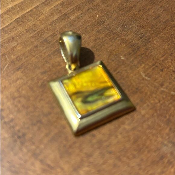 Unbranded Jewelry - Vintage Gold Square Pendant Necklace Abalone Inlay Green Yellow Shell Geometric